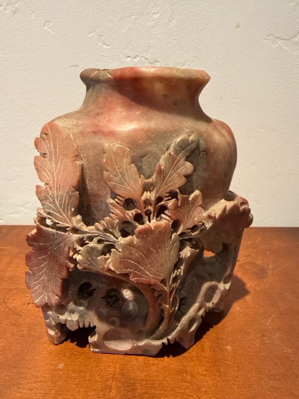 Vintage Chinese Soapstone Carved Vase Brush Pot Pierced Floral Pink Gray 5.5 in